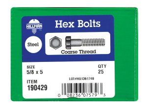 (image for) 5/8 in. Dia. x 5 in. L Zinc Plated Steel Hex Bolt 25 pk