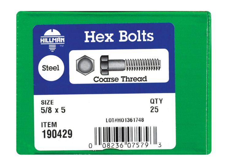 (image for) 5/8 in. Dia. x 5 in. L Zinc Plated Steel Hex Bolt 25 pk