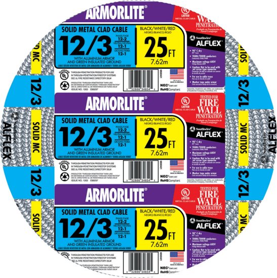 (image for) Southwire Armorlite 25 ft. 12/3 Solid Aluminum Armored MC Cable