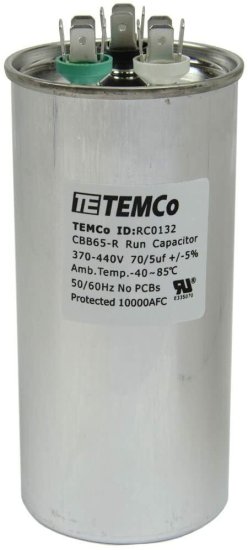 (image for) 70/5 MFD, 440/370 VAC ROUND MOTOR RUN CAPACITOR,