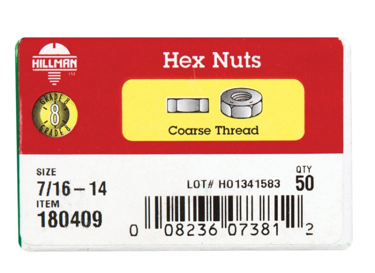 (image for) 7/16 in. Zinc Dichromate Steel USS Hex Nut 50 pk