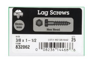 (image for) 3/8 in. x 1-1/2 in. L Hex Stainless Steel Lag Screw 25 p