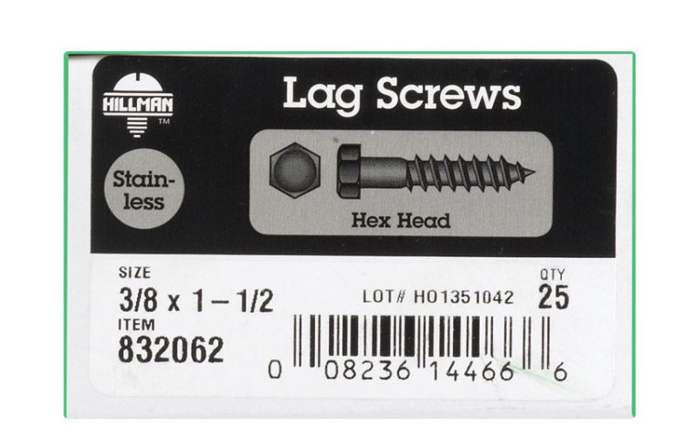 (image for) 3/8 in. x 1-1/2 in. L Hex Stainless Steel Lag Screw 25 p