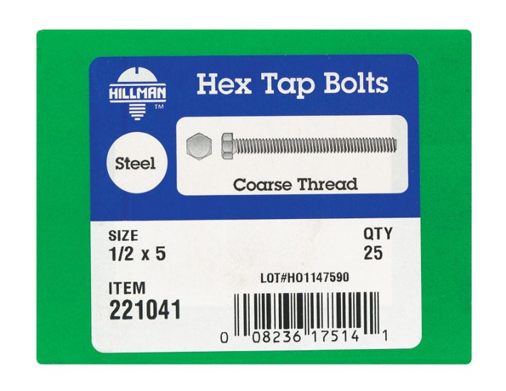 (image for) 1/2 in. Dia. x 5 in. L Zinc Plated Steel Hex Tap Bolt 25