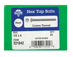 (image for) 1/2 in. Dia. x 6 in. L Zinc Plated Steel Hex Tap Bolt 25