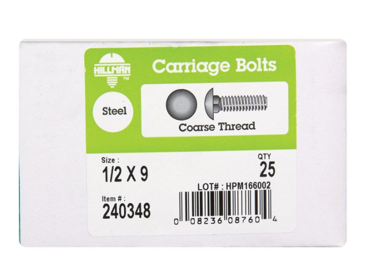 (image for) 1/2 in. Dia. x 9 in. L Zinc-Plated Steel Carriage Bolt 2