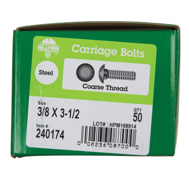 (image for) 3/8 in. Dia. x 3-1/2 in. L Zinc-Plated Steel Carriage Bo