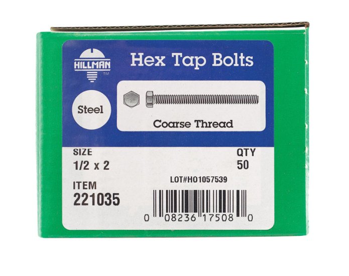 (image for) 1/2 in. Dia. x 2 in. L Zinc Plated Steel Hex Tap Bolt 50