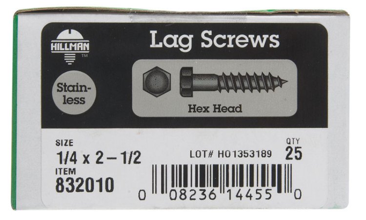 (image for) 1/4 in. x 2-1/2 in. L Hex Stainless Steel Lag Screw 25 p