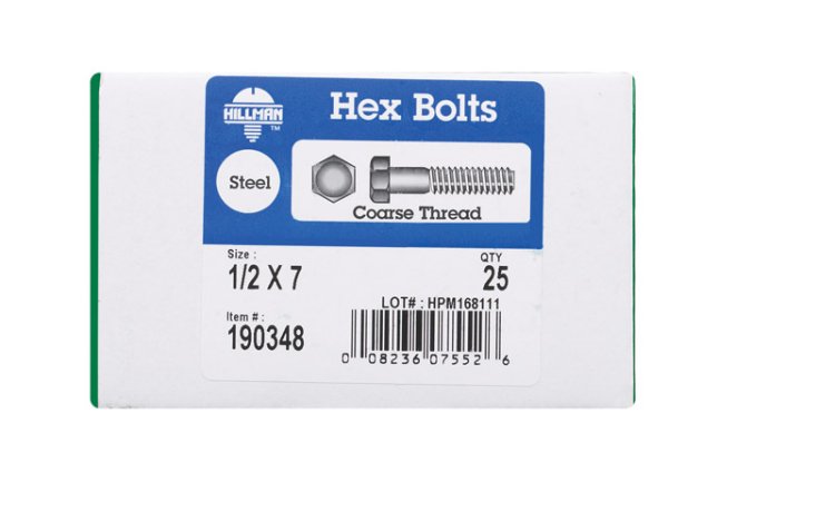 (image for) 1/2 in. Dia. x 7 in. L Zinc Plated Steel Hex Bolt 25 pk