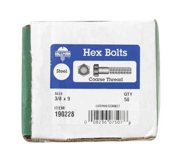 (image for) 3/8 in. Dia. x 9 in. L Zinc Plated Steel Hex Bolt 50 pk