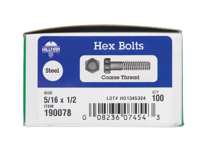 (image for) 5/16 in. Dia. x 1/2 in. L Zinc Plated Steel Hex Bolt 100