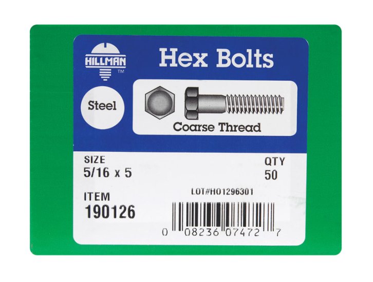 (image for) 5/16 in. Dia. x 5 in. L Zinc Plated Steel Hex Bolt 50 pk