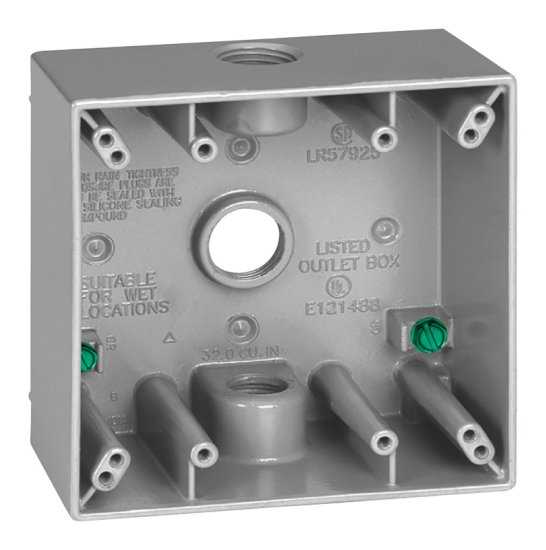 (image for) 4-1/2 in. Square Metallic 2 gang Weatherproof Box 1/2" 3-Hole