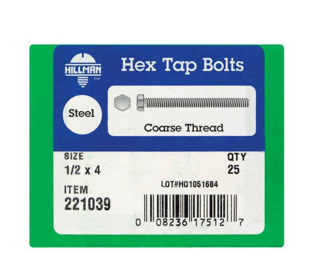 (image for) 1/2 in. Dia. x 4 in. L Zinc Plated Steel Hex Tap Bolt 25
