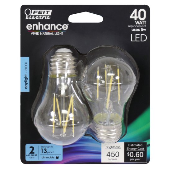 (image for) A15 E26 (Medium) Filament LED Bulb Daylight 40w Eqv. 2pk