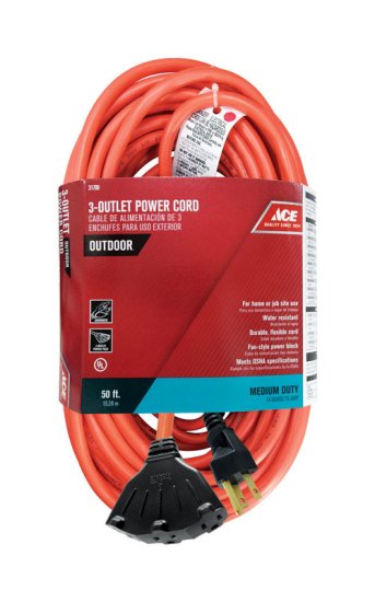 (image for) Indoor and Outdoor 50 ft. L Orange Triple Outlet Cord 14/3 S