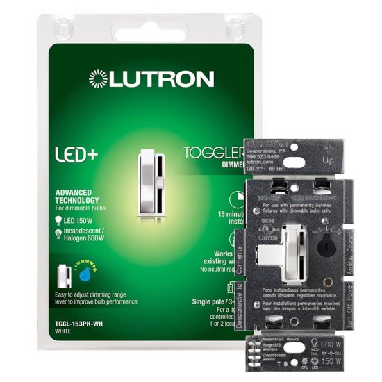 (image for) Lutron Toggler White 150 W 3-Way Dimmer Switch 1 pk