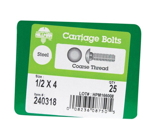 (image for) 1/2 in. Dia. x 4 in. L Zinc-Plated Steel Carriage Bolt 2