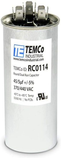 (image for) 45/5 MFD 370/440 volt Round Run Capacitor
