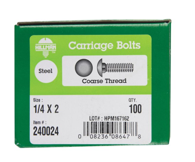 (image for) 1/4 in. Dia. x 2 in. L Zinc-Plated Steel Carriage Bolt 1