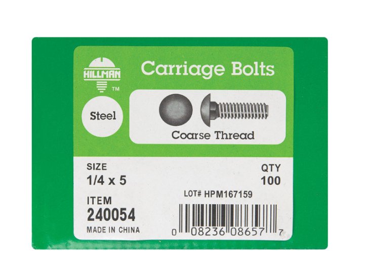 (image for) 1/4 in. Dia. x 5 in. L Zinc-Plated Steel Carriage Bolt 1