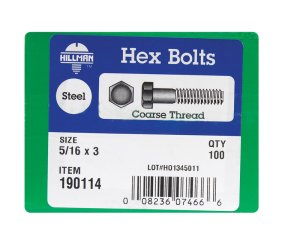 (image for) 5/16 in. Dia. x 3 in. L Zinc Plated Steel Hex Bolt 100 p