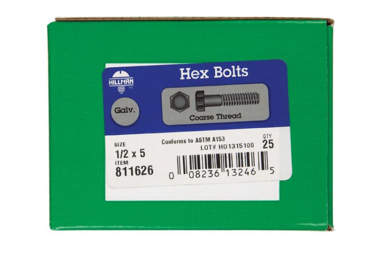 (image for) 1/2 in. Dia. x 5 in. L Hot Dipped Galvanized Steel Hex B