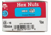 (image for) 3/8 in. Zinc-Plated Steel USS Hex Nut 100 pk