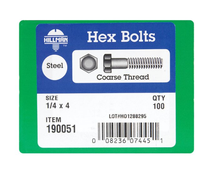 (image for) 1/4 in. Dia. x 4 in. L Zinc Plated Steel Hex Bolt 100 pk