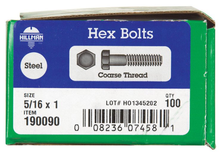 (image for) 5/16 in. Dia. x 1 in. L Zinc Plated Steel Hex Bolt 100 p