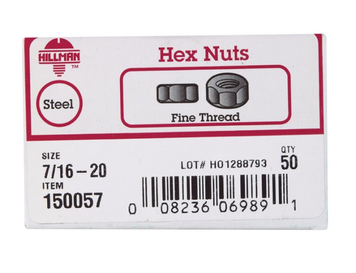 (image for) 7/16 in. Zinc-Plated Steel SAE Hex Nut 50 pk